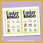 free easter bingo card 3x3 5x7 game boards with images and text words.