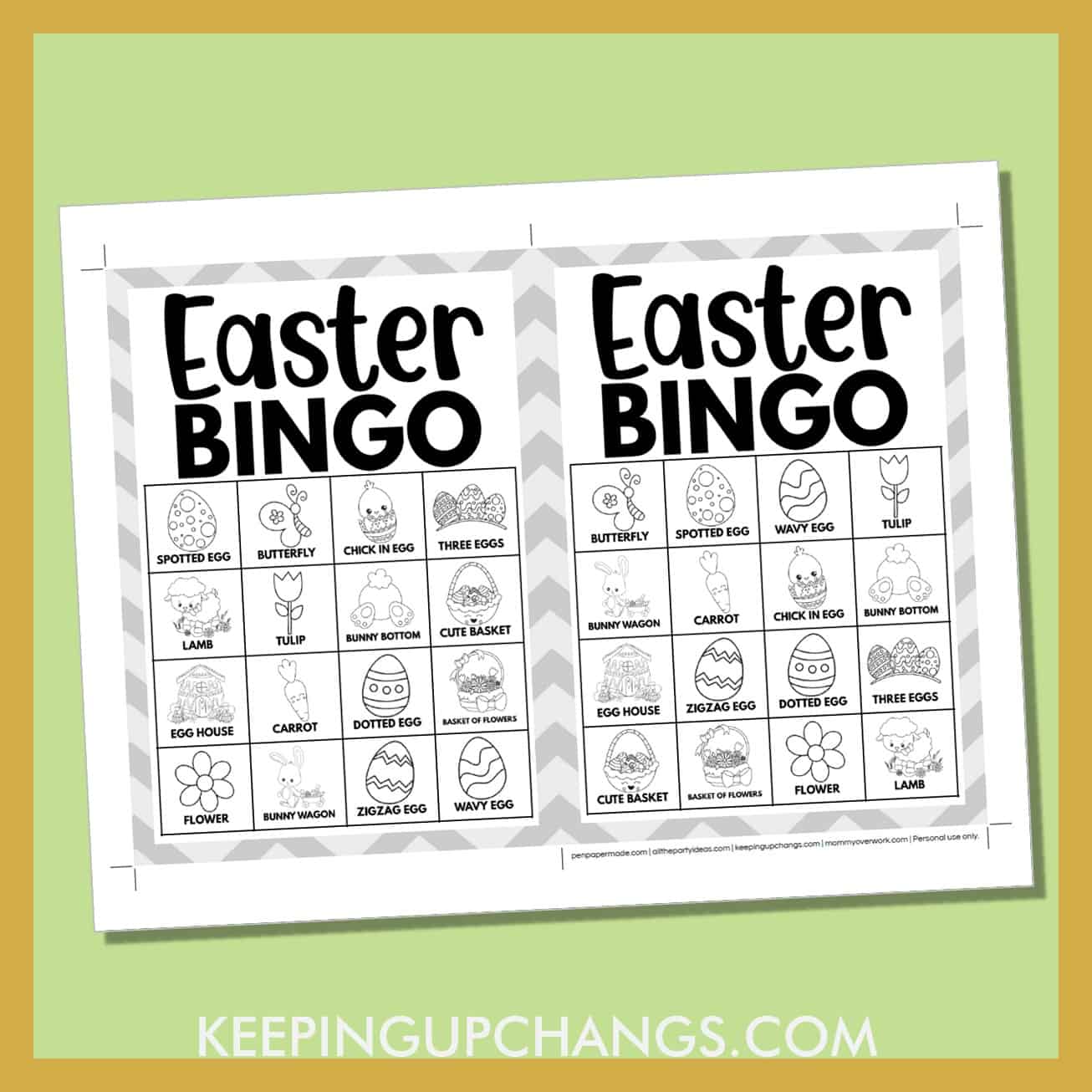 free easter bingo card 4x4 5x7 black white coloring game boards with images and text words.