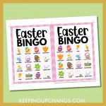 free easter bingo card 4x4 5x7 game boards with images and text words.