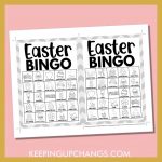 free easter bingo card 5x5 5x7 black white coloring game boards with images and text words.