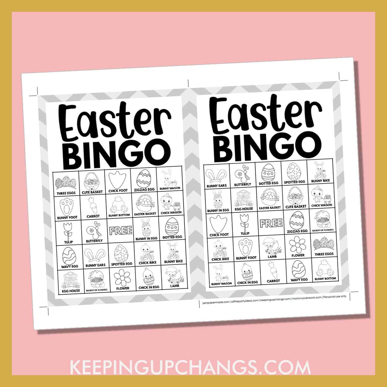free easter bingo card 5x5 5x7 black white coloring game boards with images and text words.