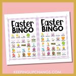 free easter bingo card 5x5 5x7 game boards with images and text words.