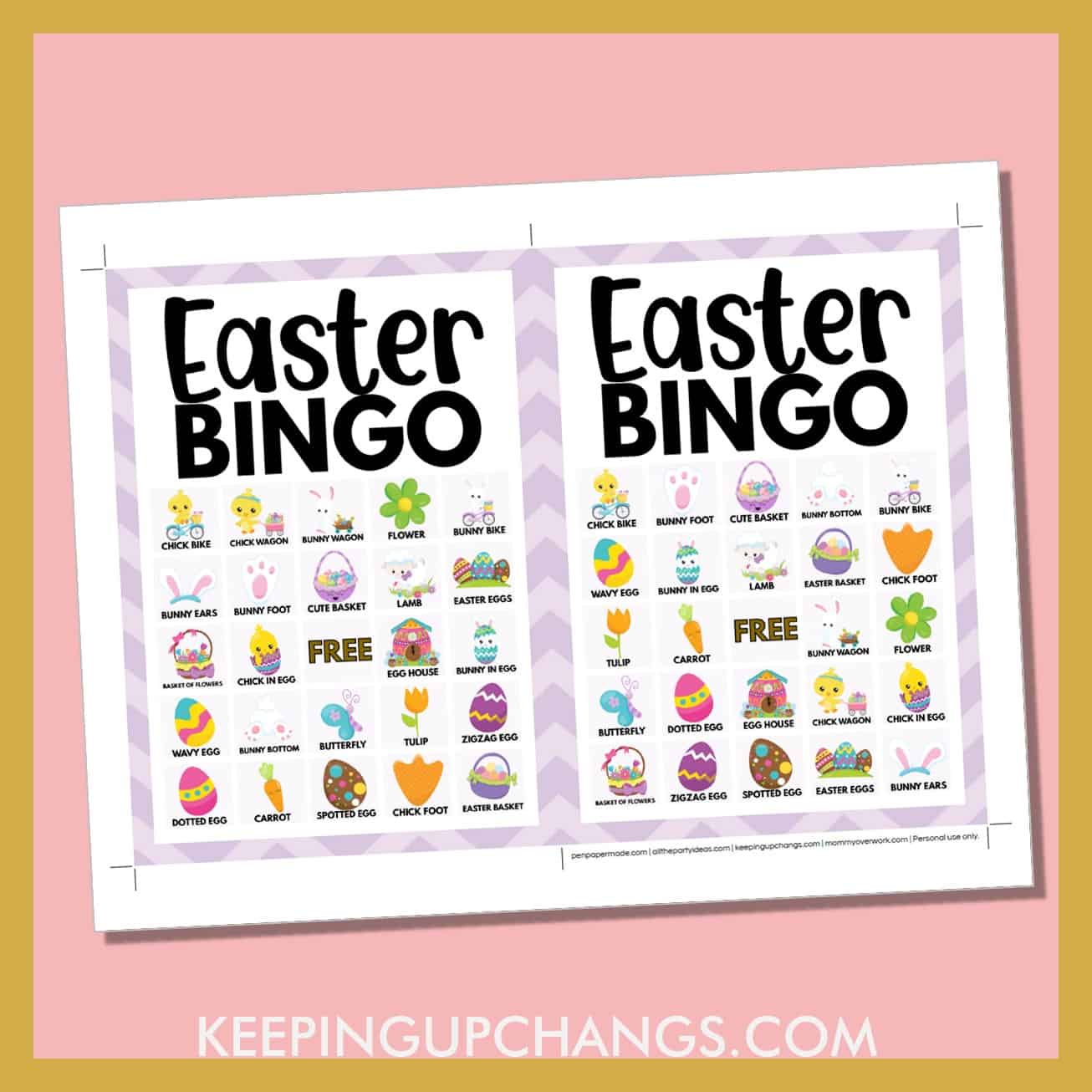 free easter bingo card 5x5 5x7 game boards with images and text words.
