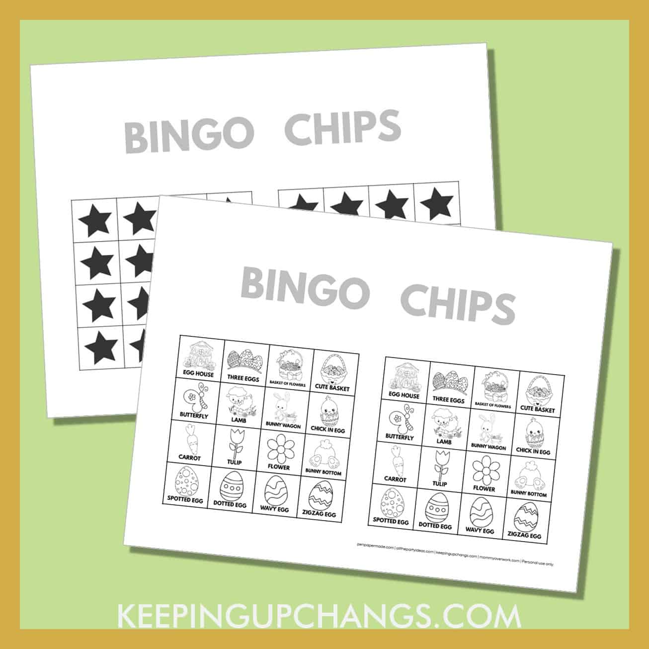 free easter day bingo card 4x4 black white coloring game chips, tokens, markers.