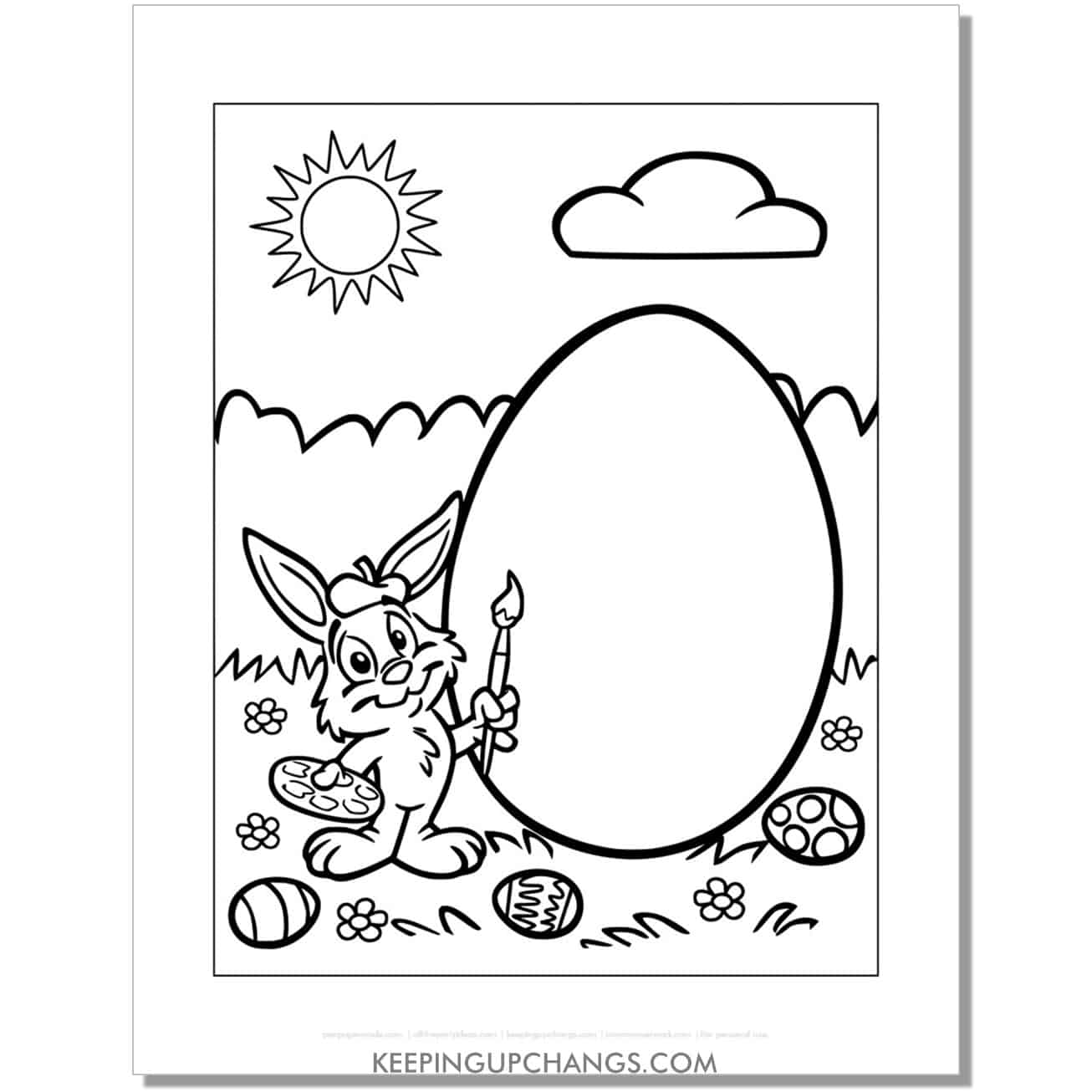 funny easter bunny with blank egg easel coloring page, sheet.
