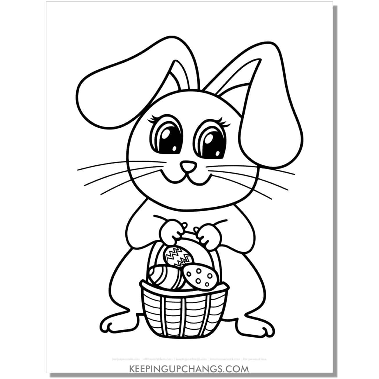 kawaii easter bunny with basket of eggs coloring page, sheet.