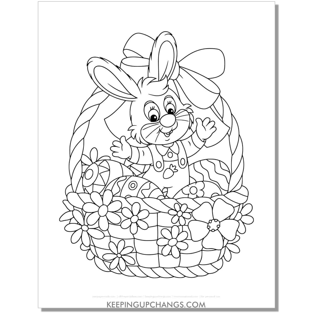 Easter bunny in overalls sitting in woven Easter basket with eggs, flowers coloring page, sheet.