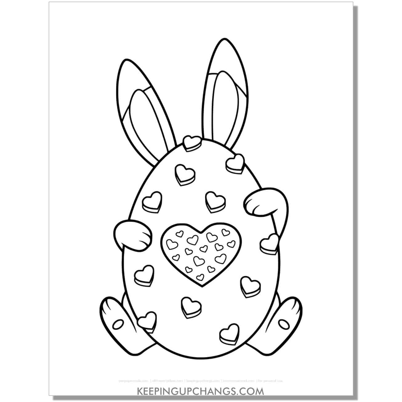 easter bunny behind heart egg coloring page, sheet.