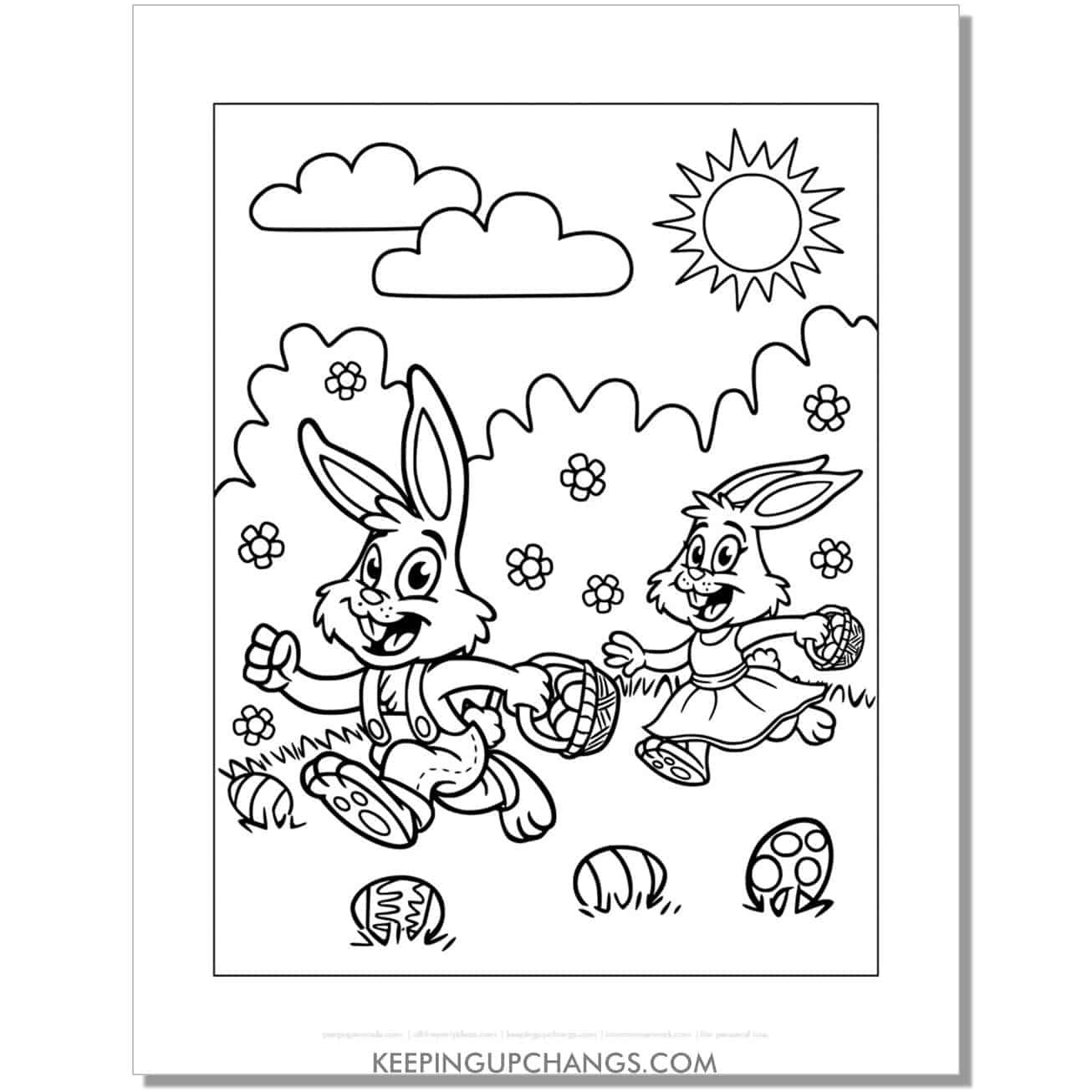 funny easter bunny girl, boy on egg hunt coloring page, sheet.