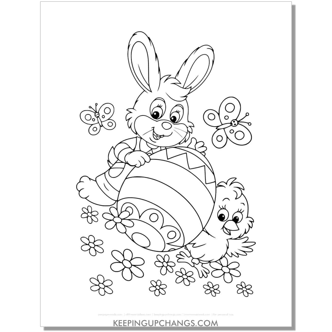 easter bunny, chick with egg coloring page, sheet.