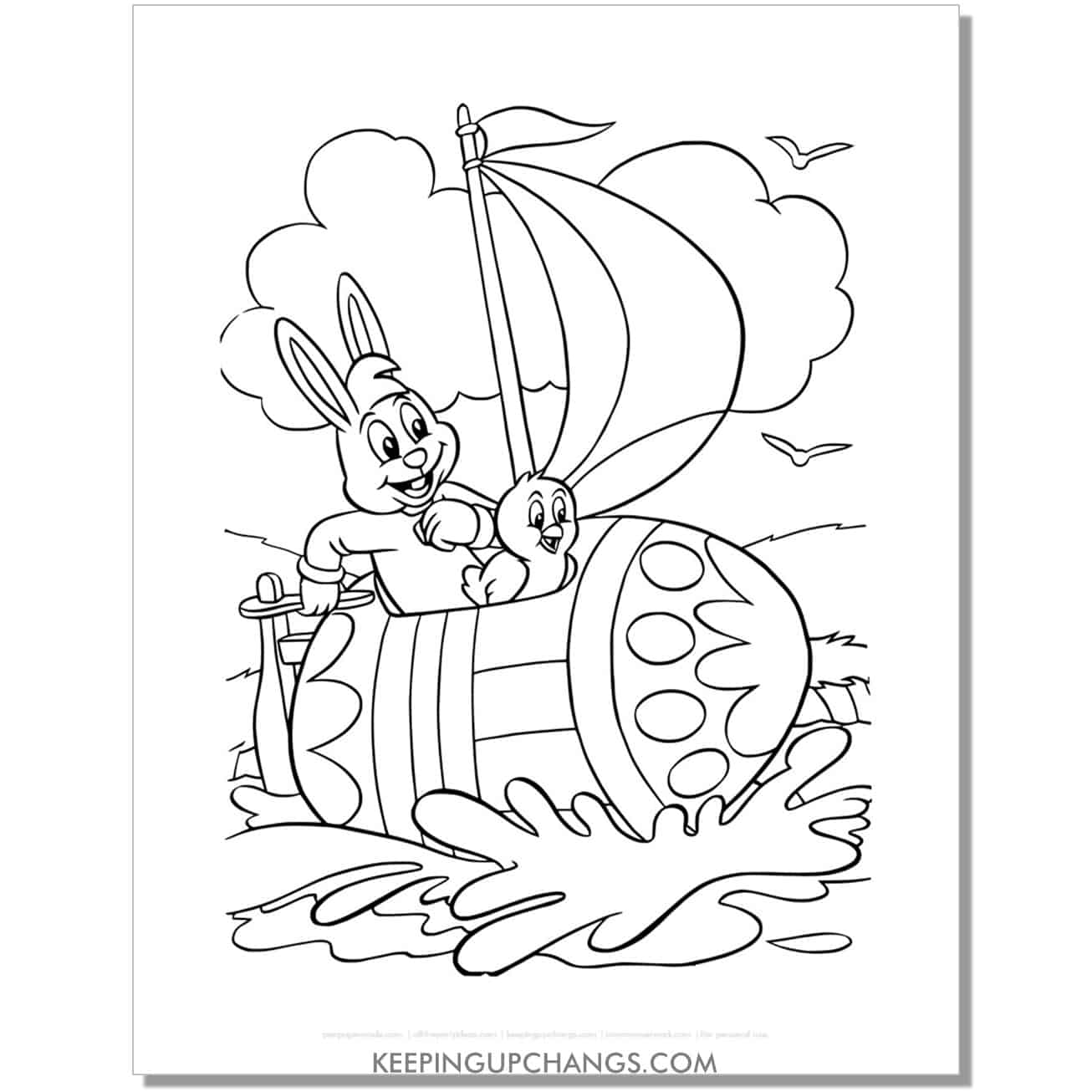 easter bunny, chick ride egg ship coloring page, sheet.