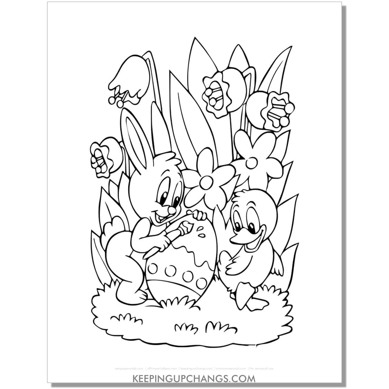 easter bunny, chick paint egg coloring page, sheet.