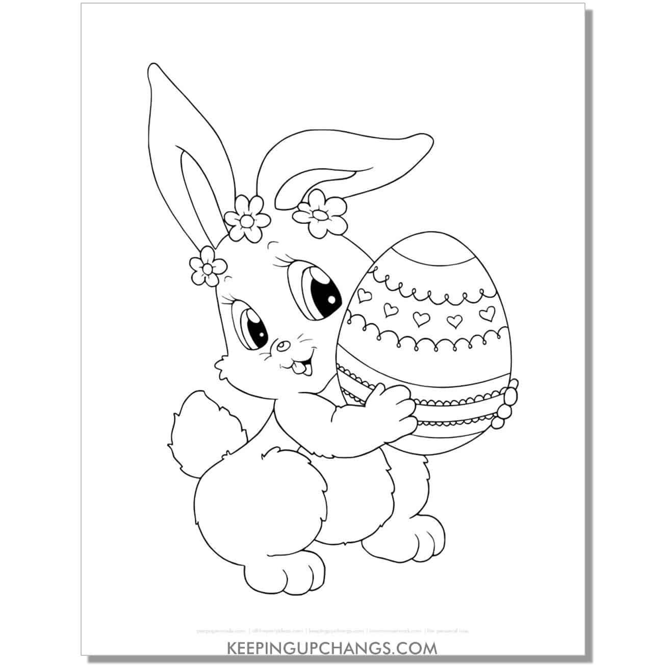 cute girl easter bunny holding egg coloring page, sheet.