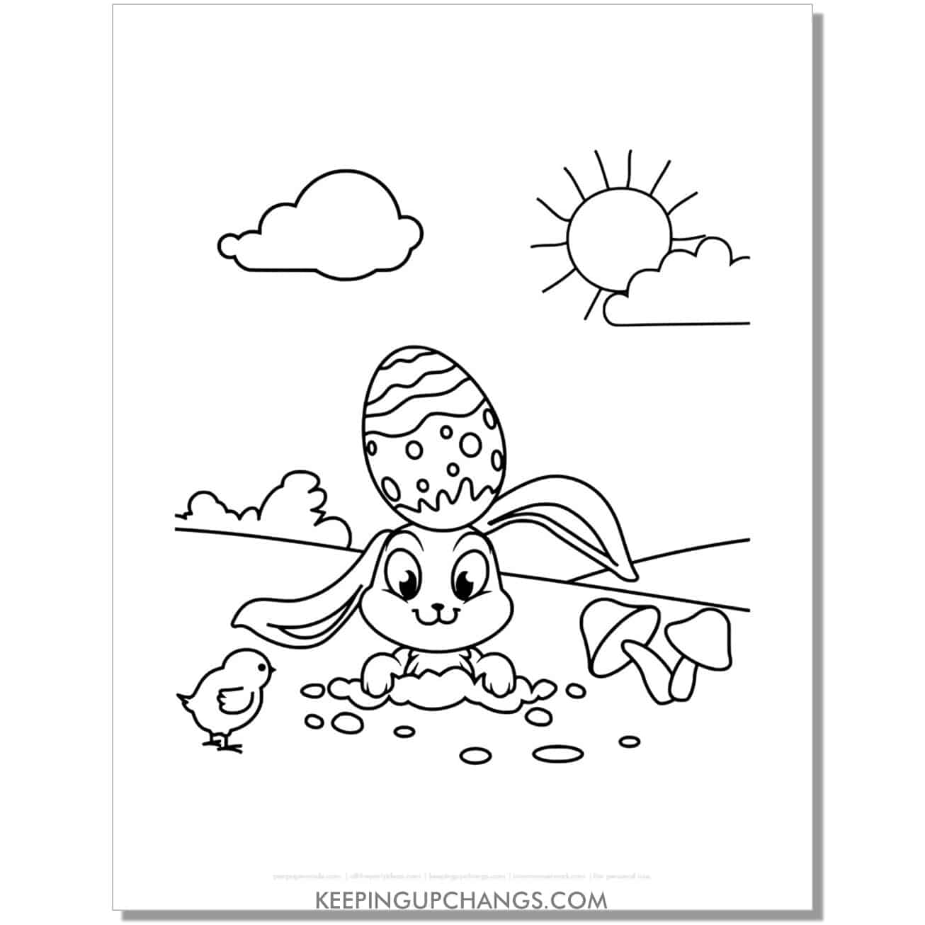 cute easter bunny popping up from ground coloring page, sheet.