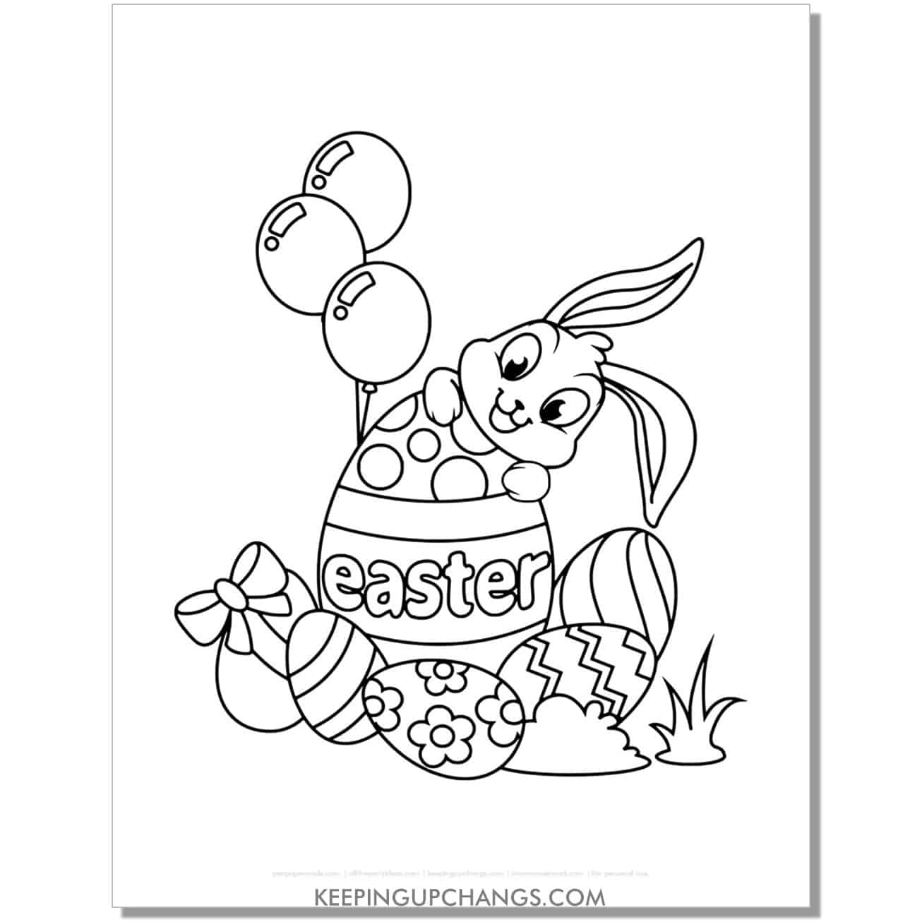cute easter bunny in egg with word easter coloring page, sheet.