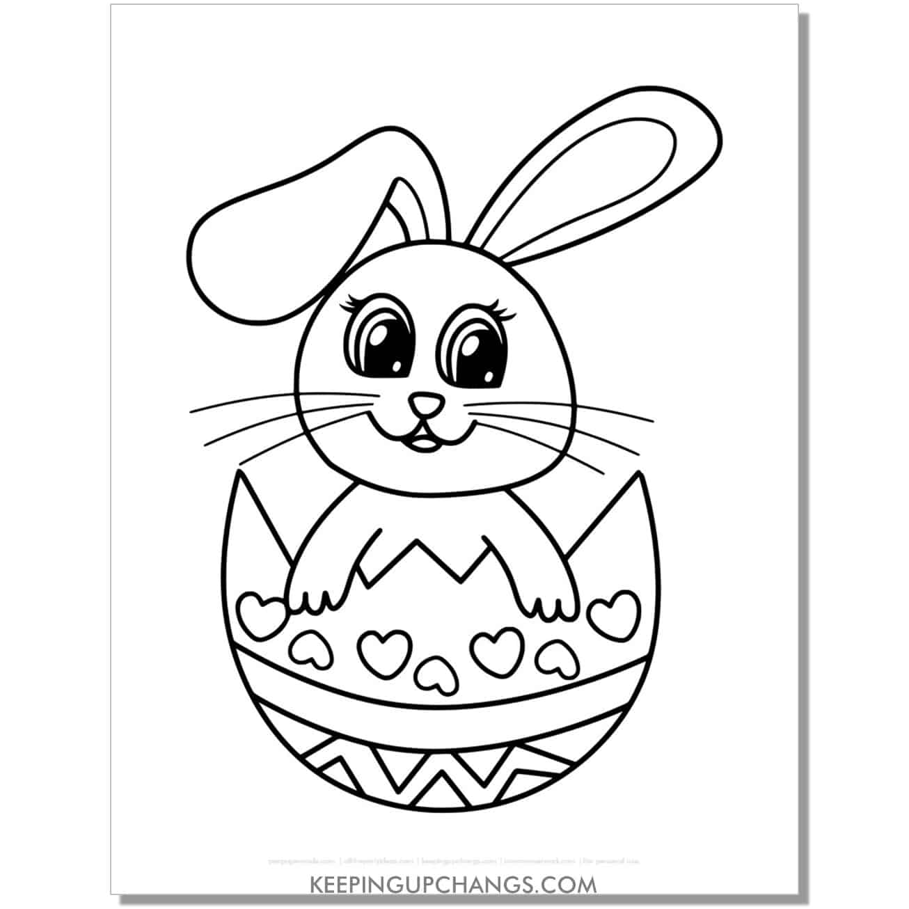 kawaii easter bunny in egg coloring page, sheet.