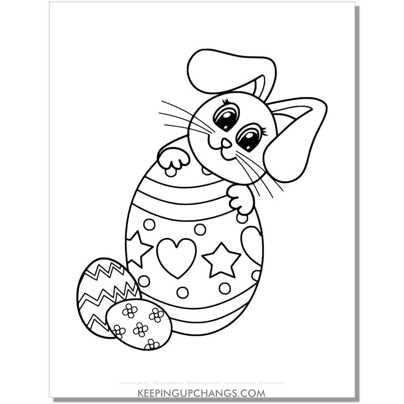 kawaii easter bunny with eggs coloring page, sheet.