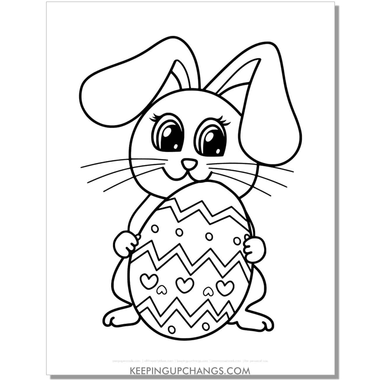 kawaii easter bunny with large egg coloring page, sheet.