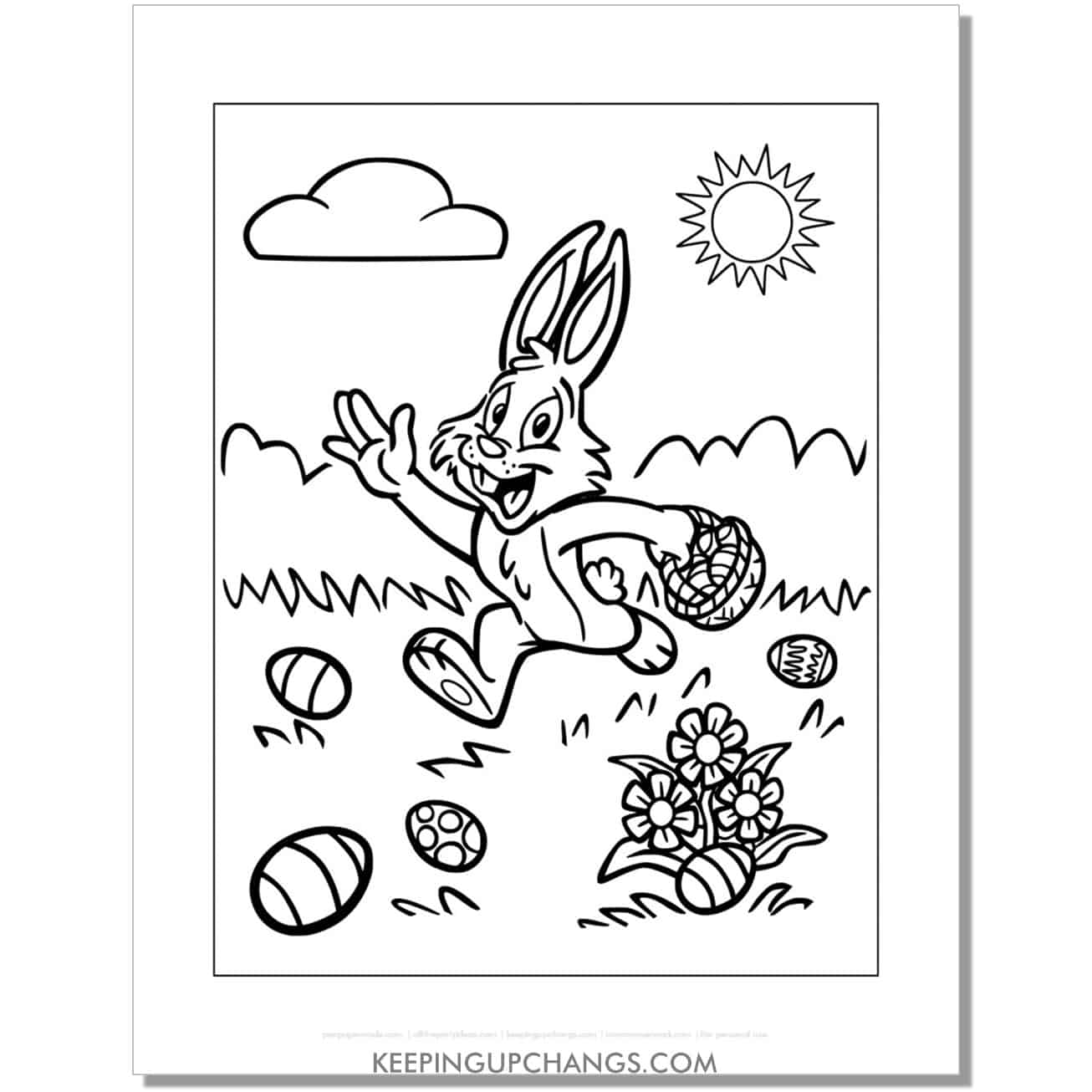 funny easter bunny on egg hunt coloring page, sheet.