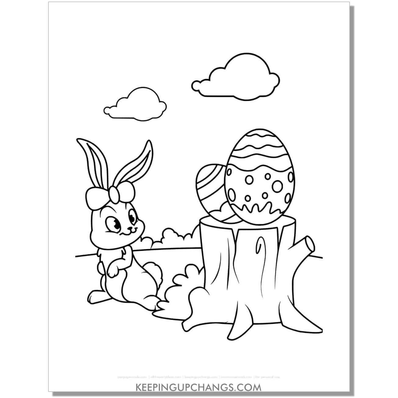 cute easter bunny sees eggs on tree stump coloring page, sheet.