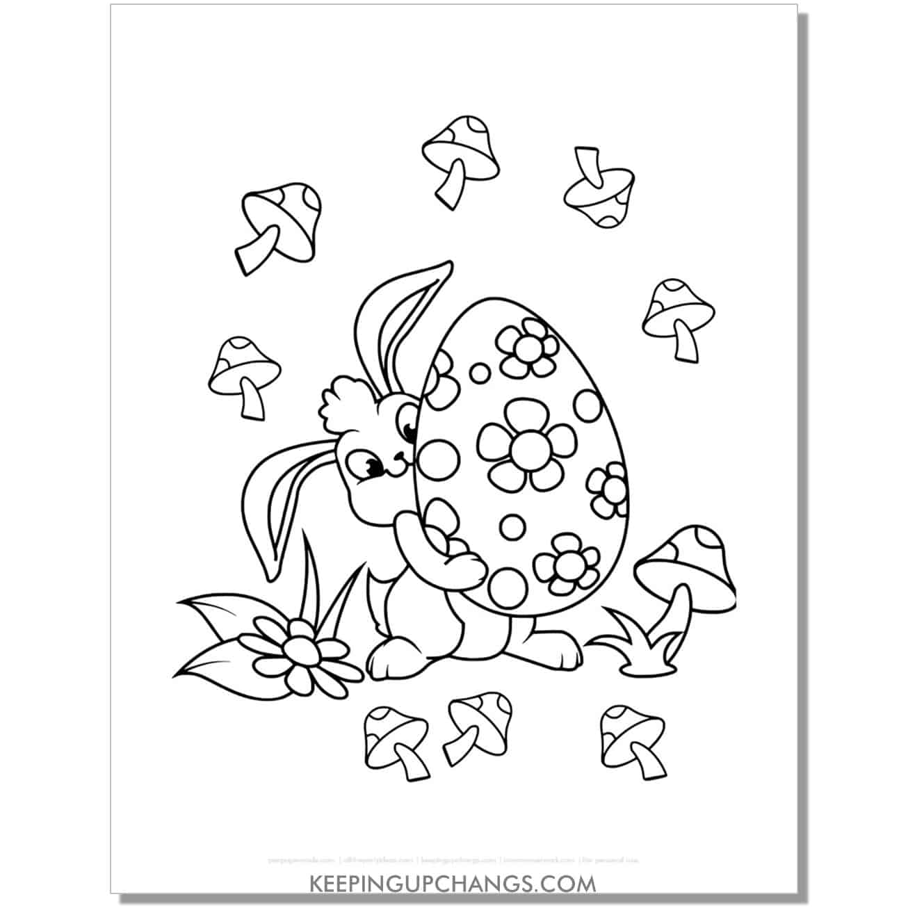 cute easter bunny with egg, mushrooms coloring page, sheet.