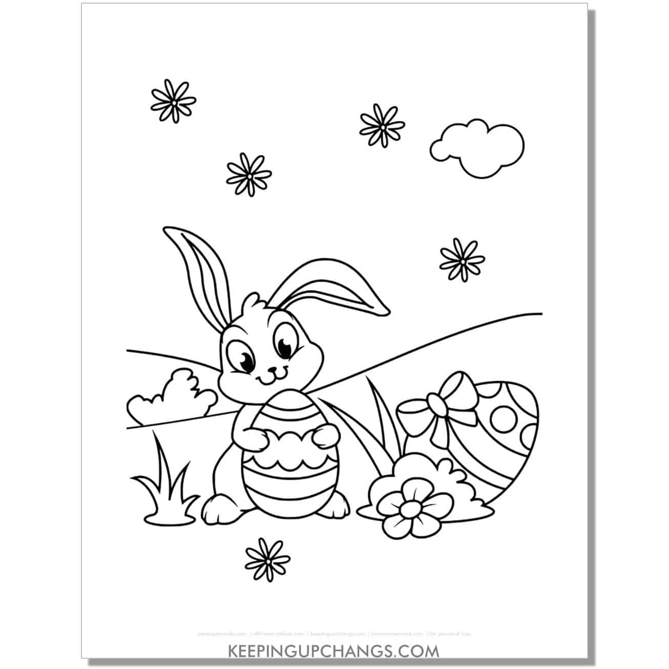 cute easter bunny in field with eggs coloring page, sheet.