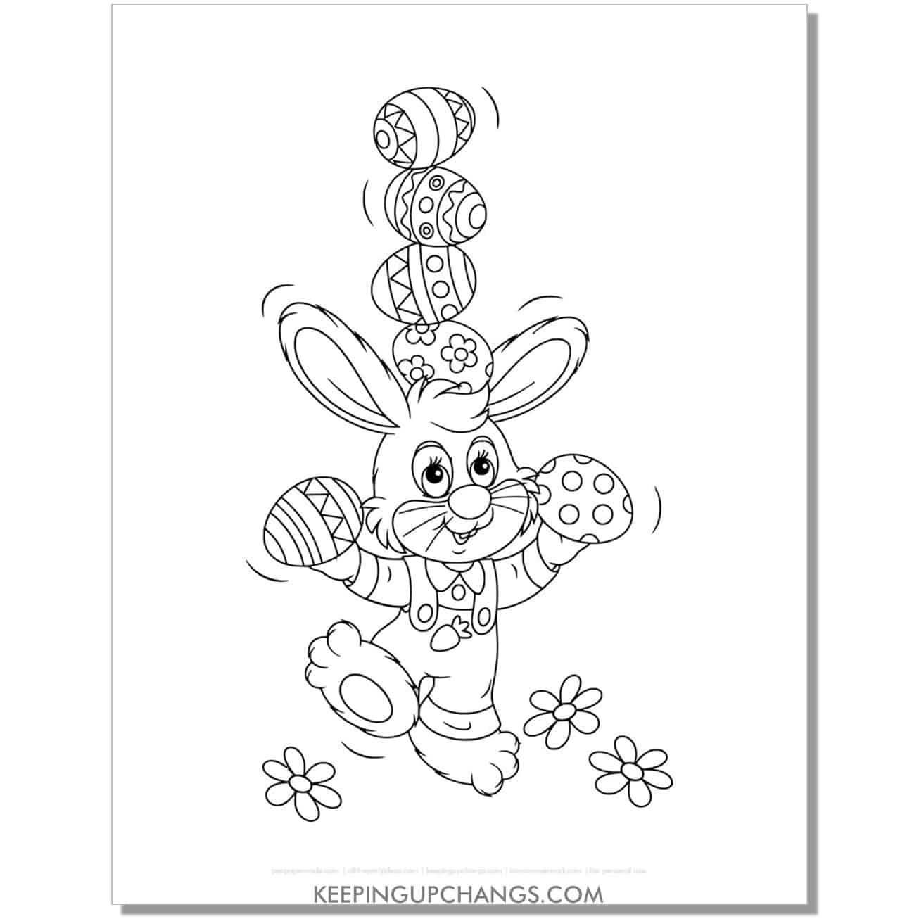 easter bunny balancing eggs on head coloring page, sheet.