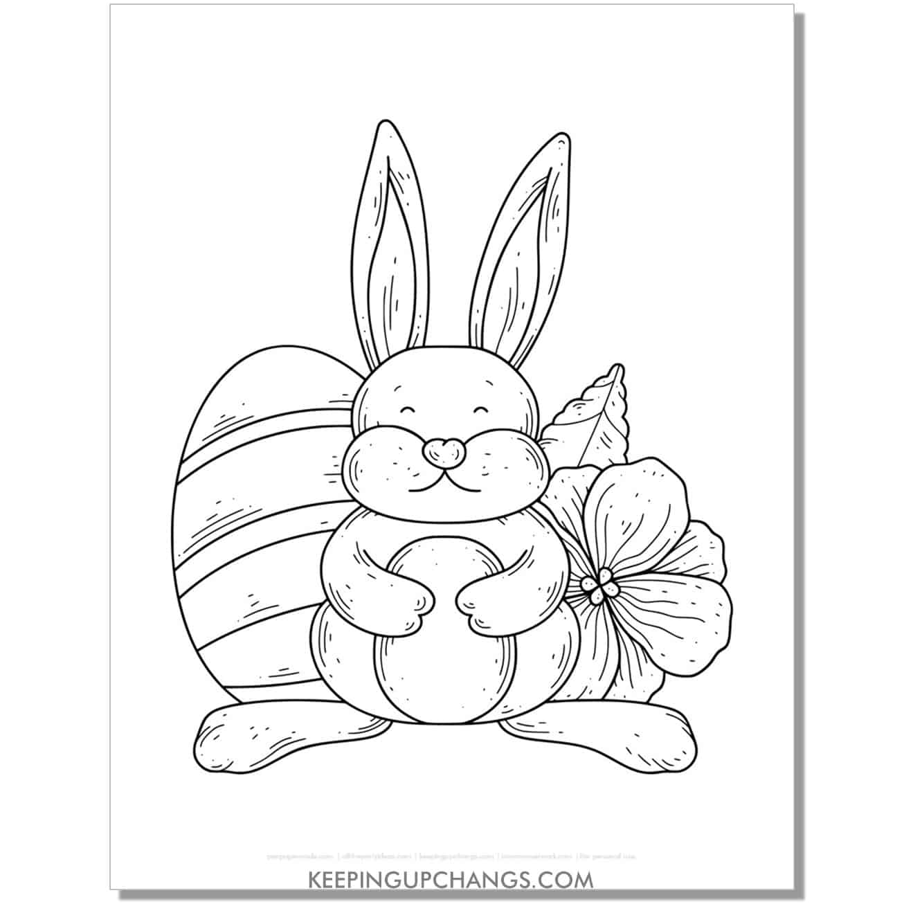 easter bunny with egg, flower coloring page, sheet.