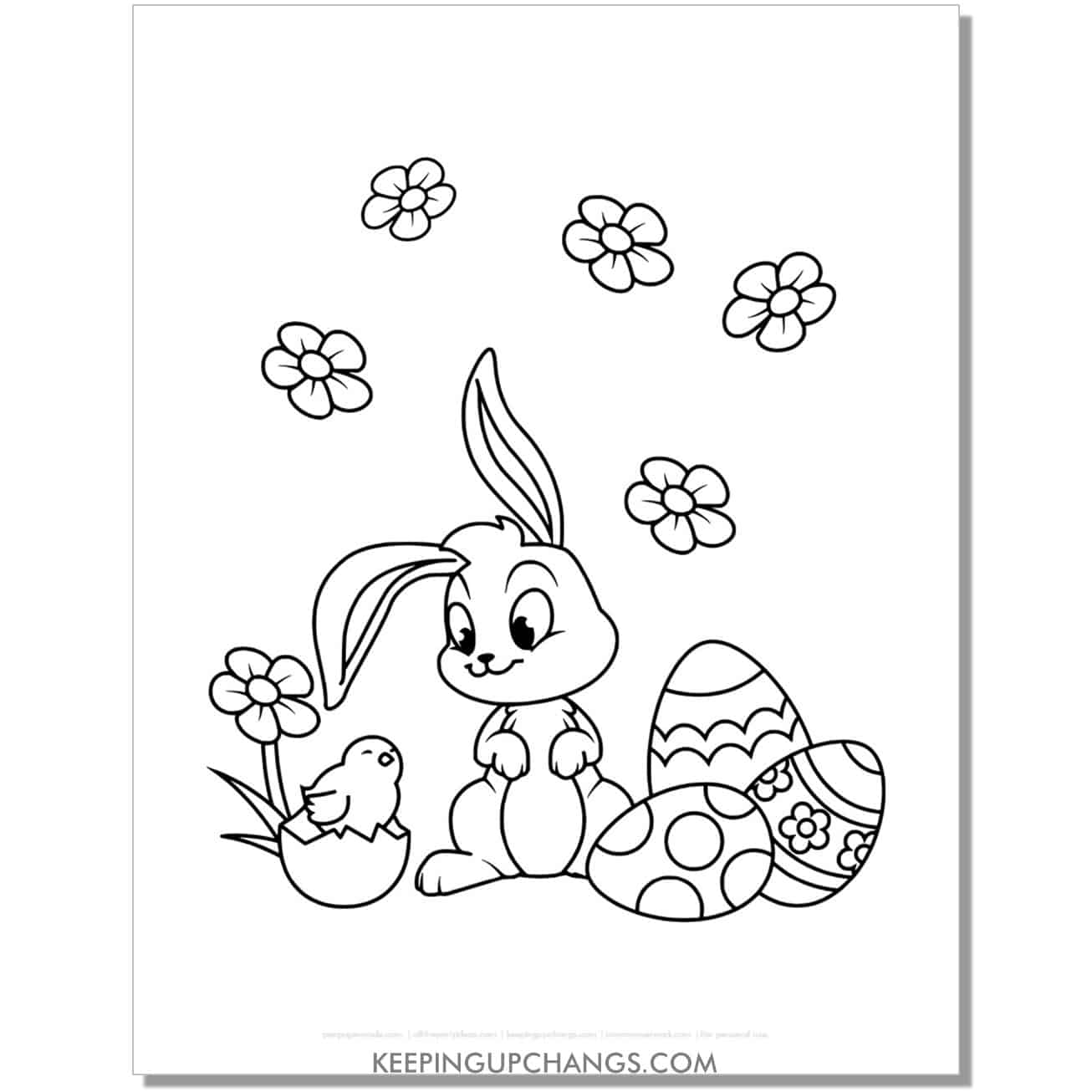cute easter bunny sees chick coloring page, sheet.