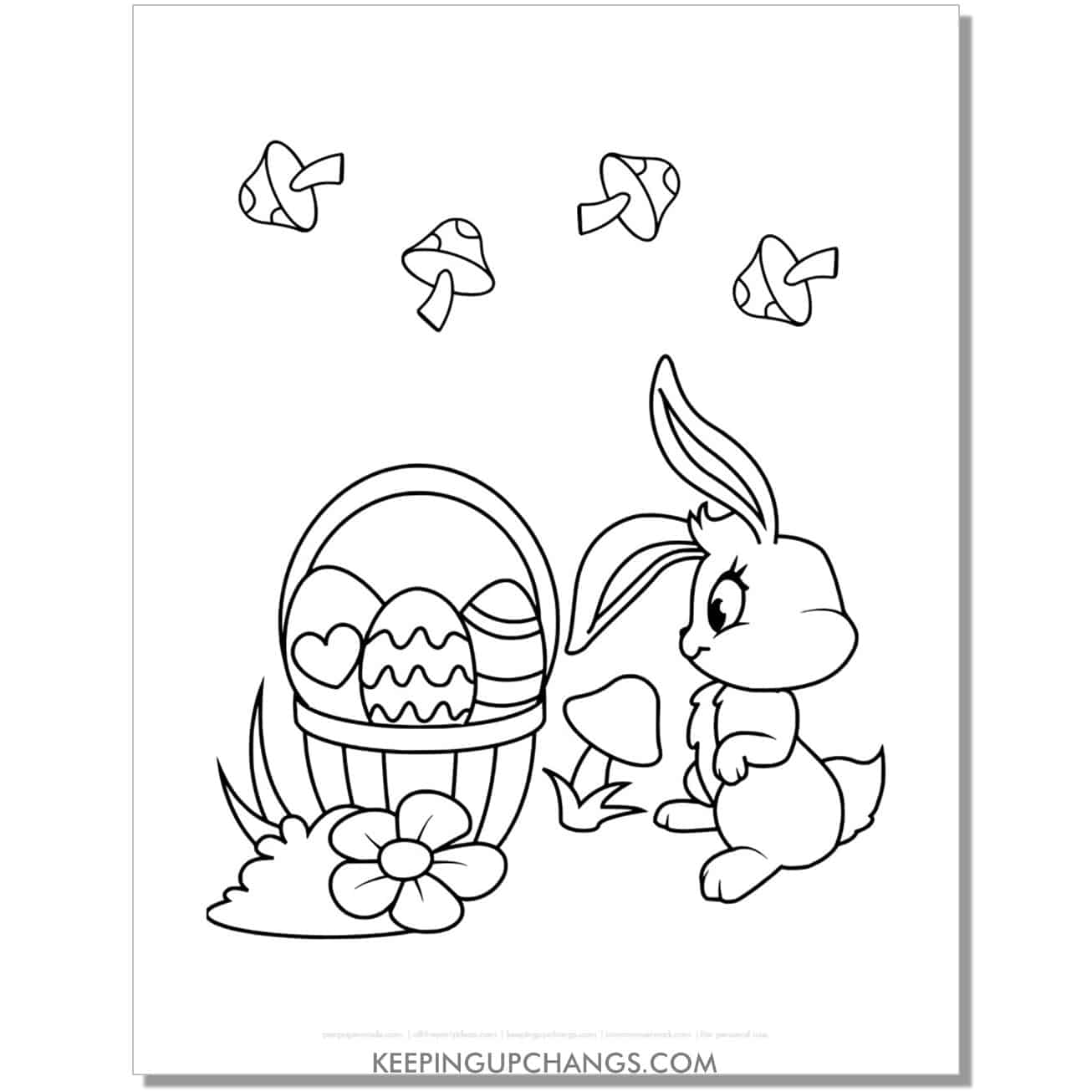 Cute Easter rabbit profile with Easter basket, eggs, and mushrooms coloring page, sheet.