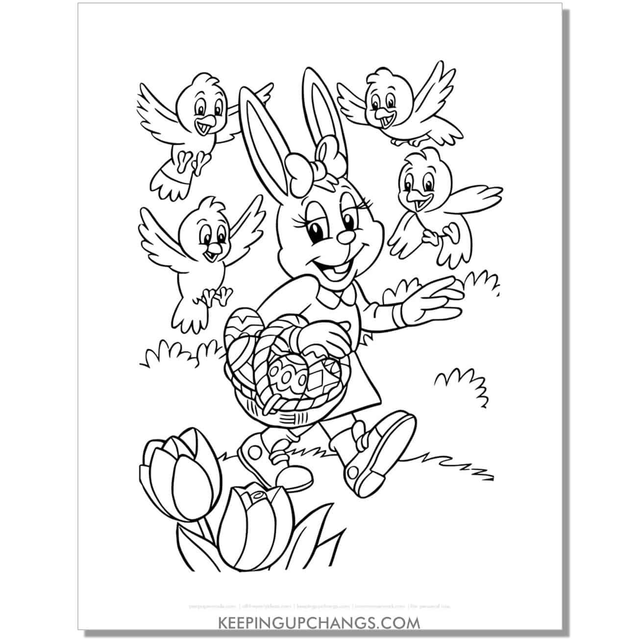 girl easter bunny on egg hunt coloring page, sheet.