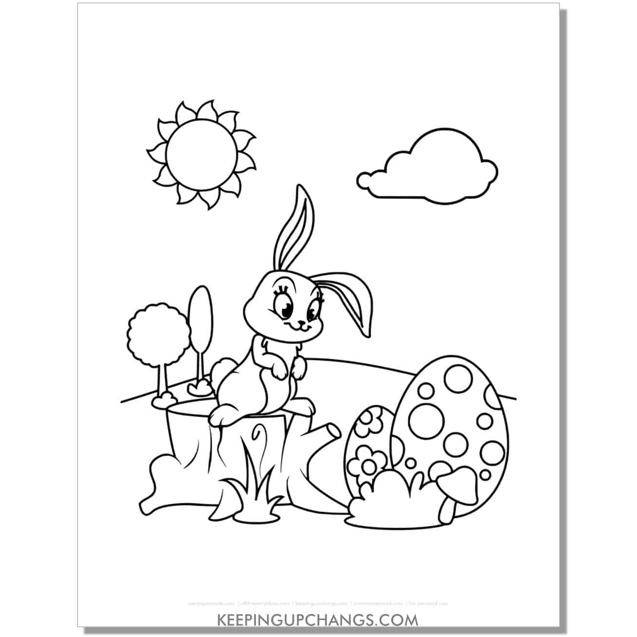 cute easter bunny sitting on tree stump coloring page, sheet.