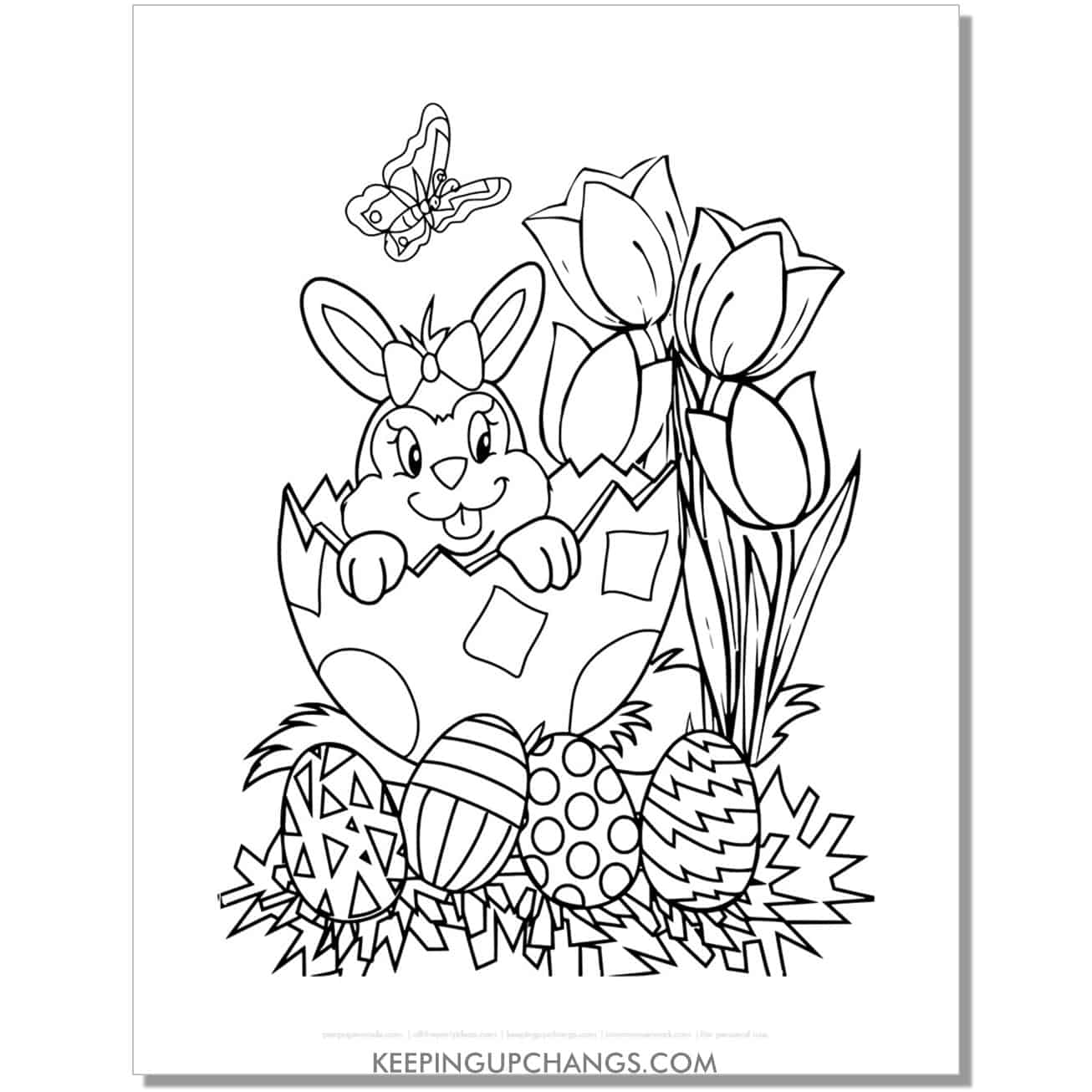 easter bunny in egg shell with flowers, butterfly coloring page, sheet.