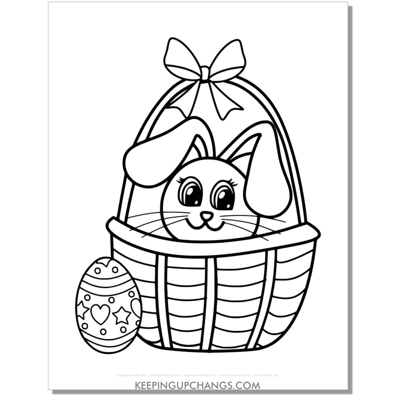 kawaii easter bunny sitting in basket coloring page, sheet.