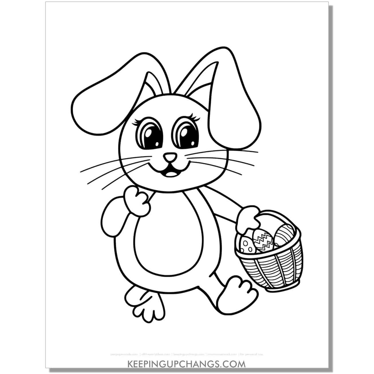 kawaii easter bunny holding easter eggs in basket coloring page, sheet.