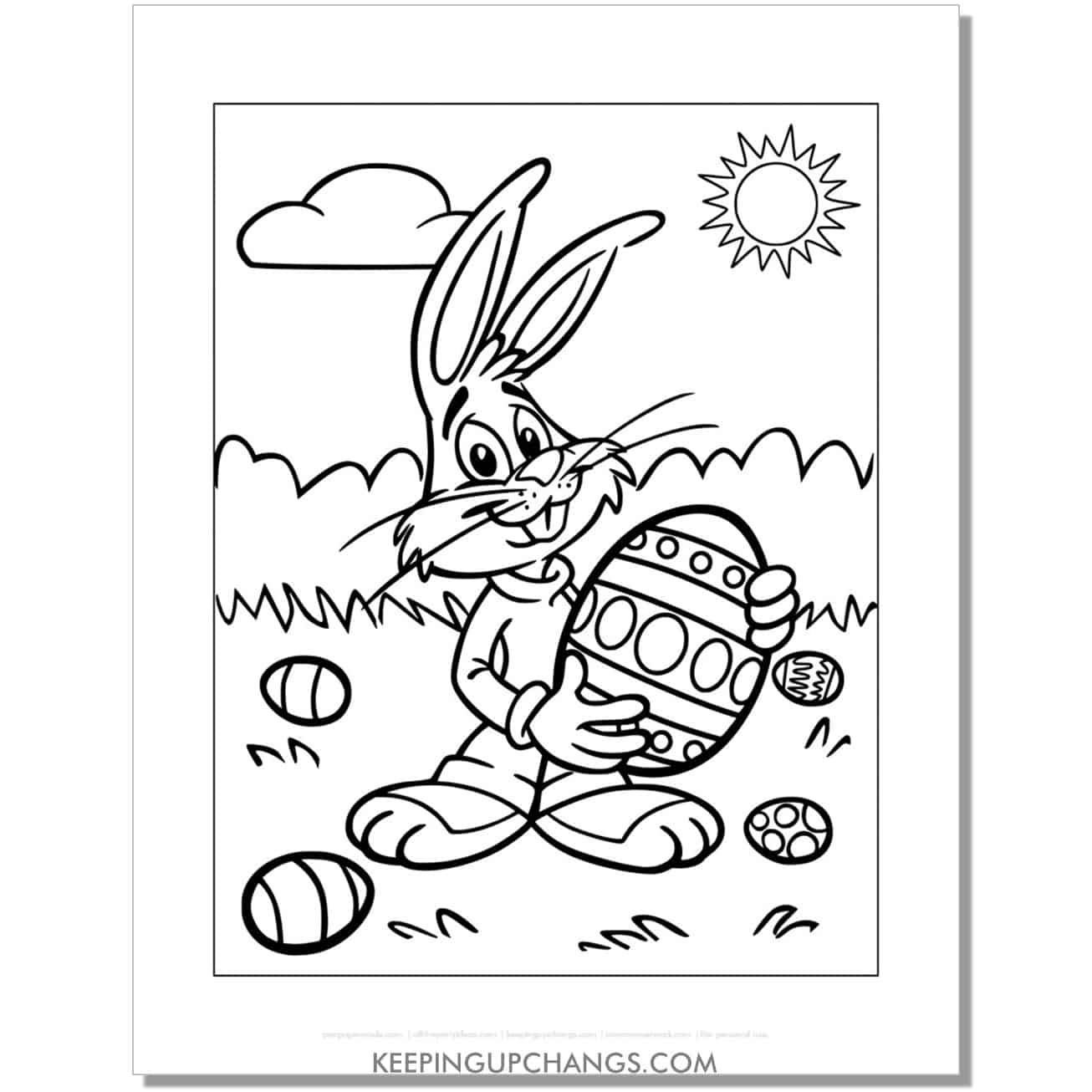 funny easter bunny holding egg coloring page, sheet.