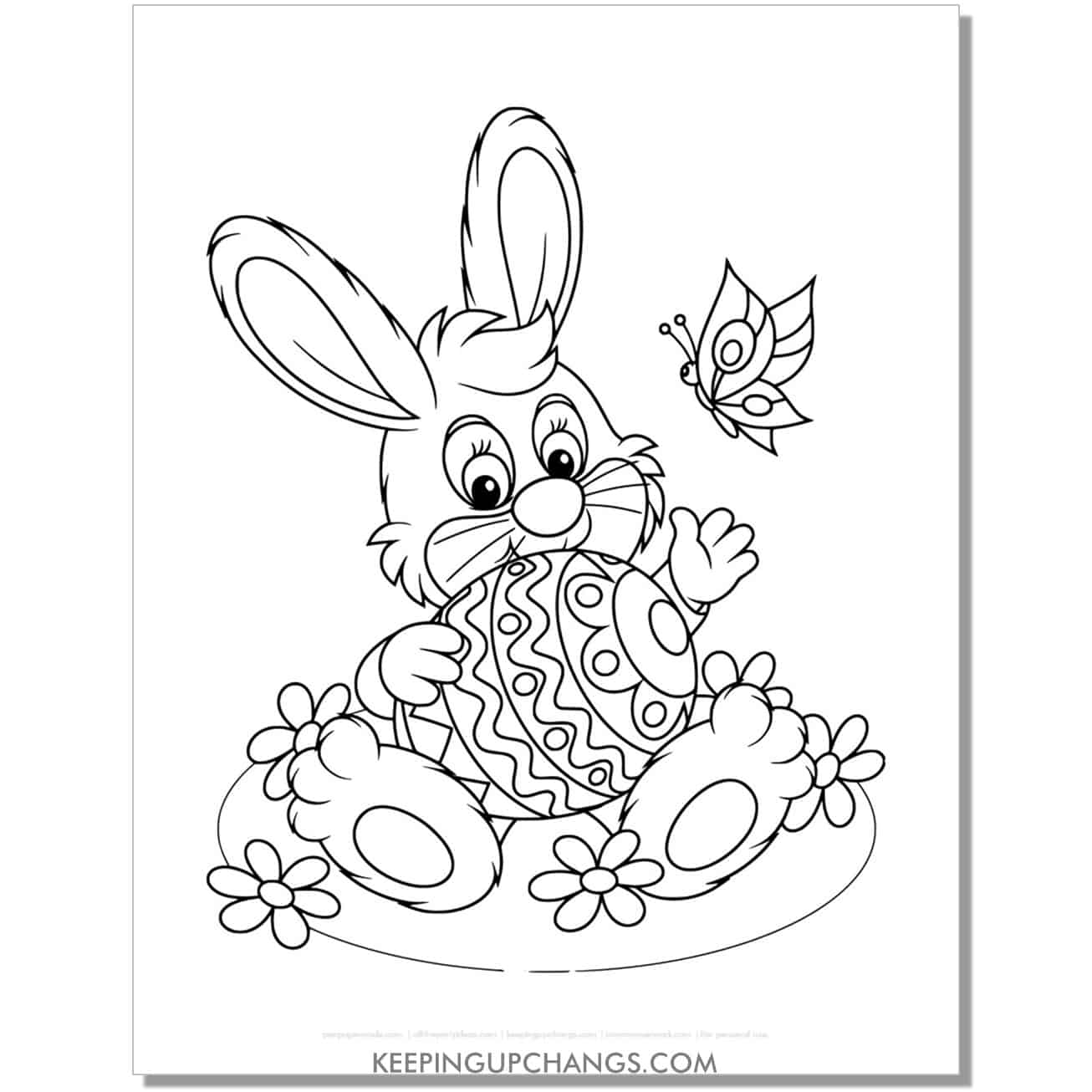 easter bunny with egg in lap coloring page, sheet.