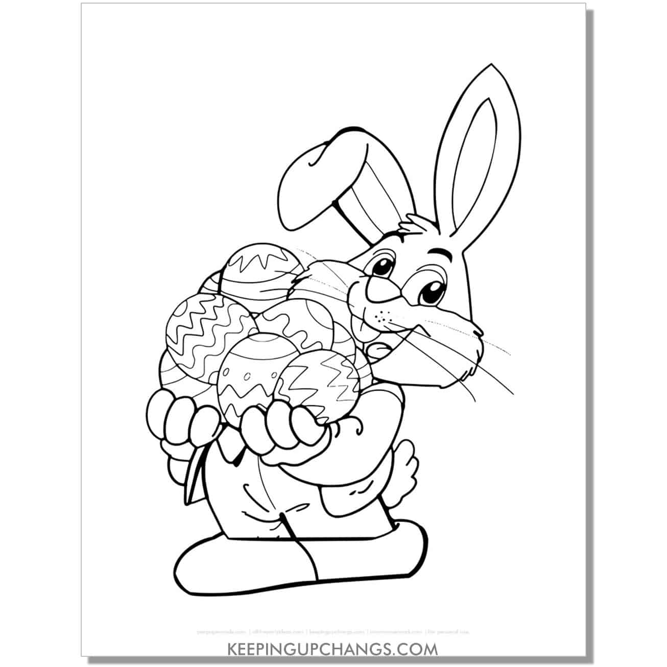 easter bunny with pile of eggs in hands coloring page, sheet.