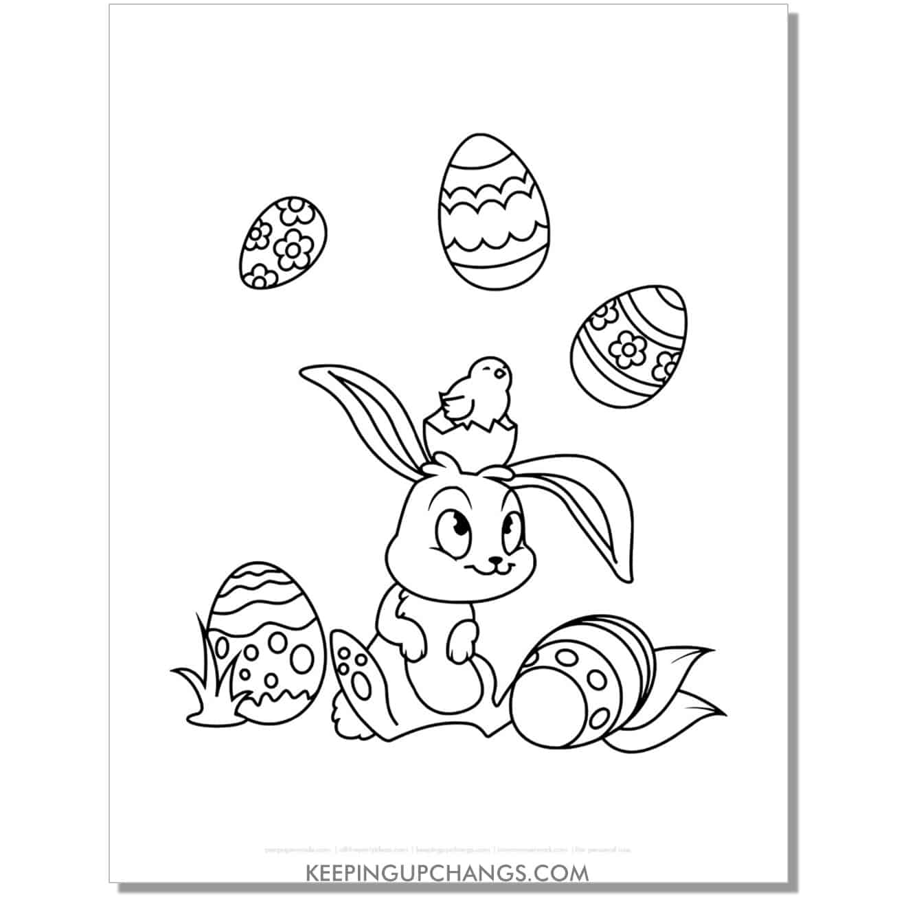 cute easter bunny with eggs above head coloring page, sheet.