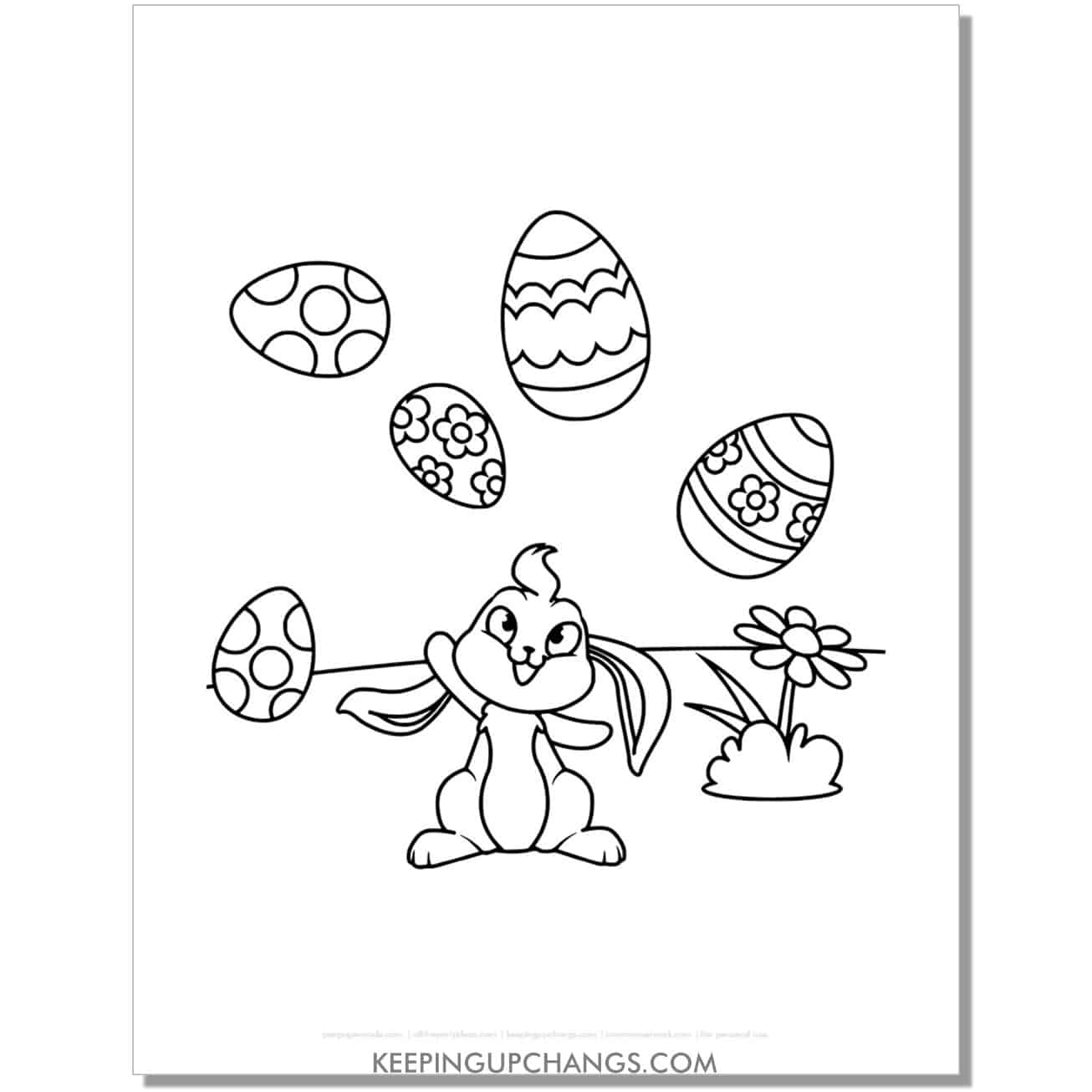 cute easter bunny juggling eggs coloring page, sheet.