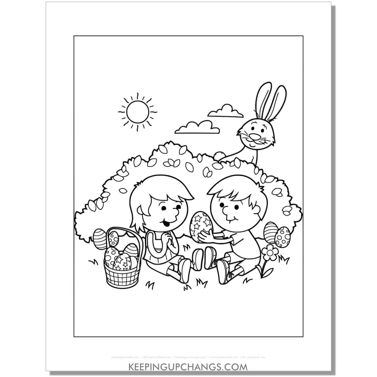 girl, boy find eggs with easter bunny coloring page, sheet.