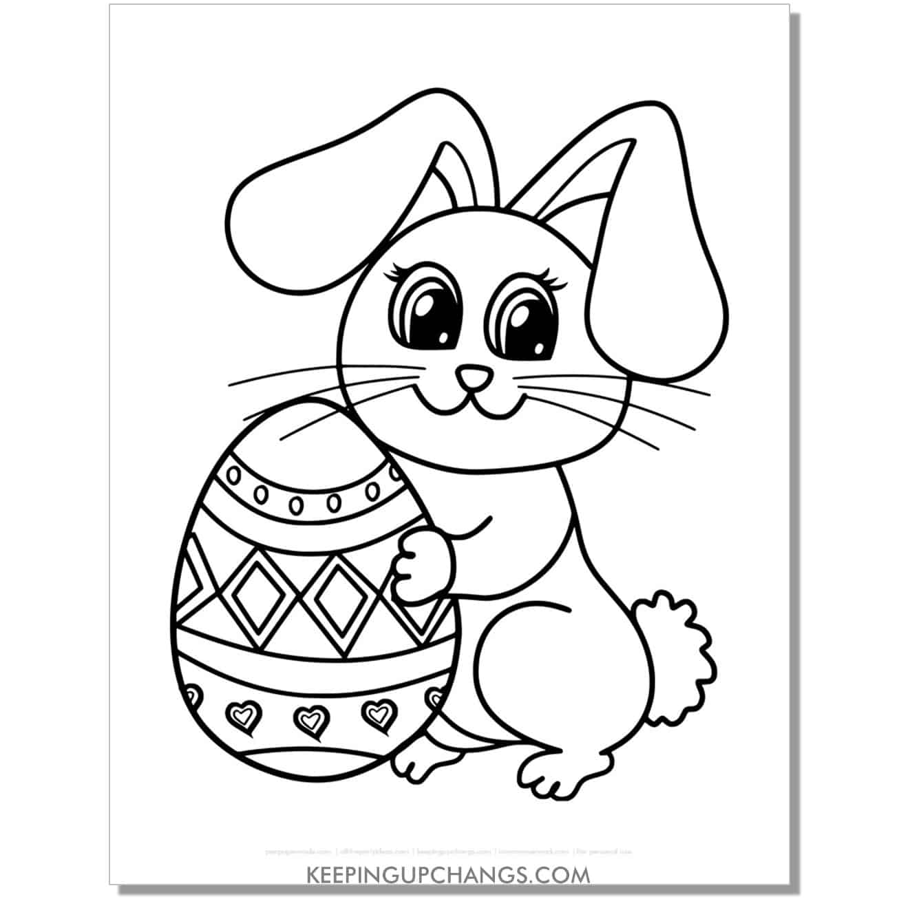 kawaii easter bunny with diamond egg coloring page, sheet.