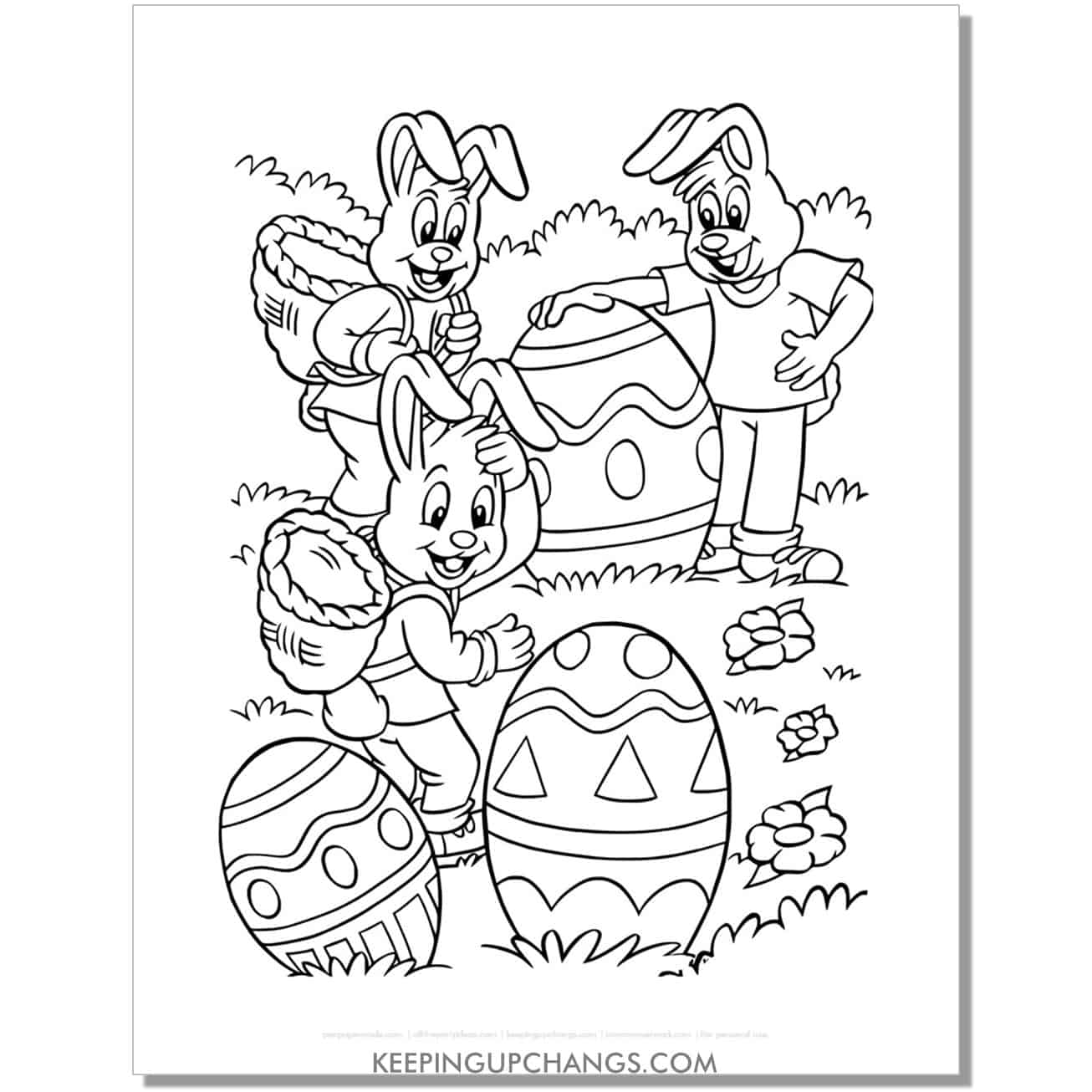 easter bunnies on egg hunt coloring page, sheet.
