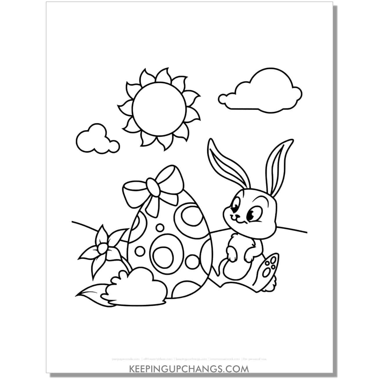 cute easter bunny looking at egg with bow coloring page, sheet.