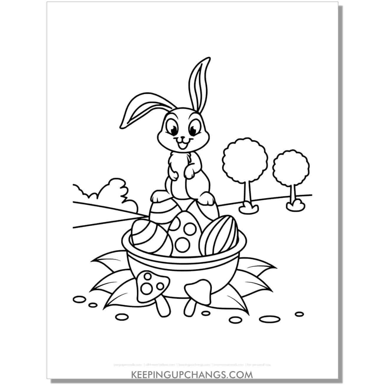 cute easter bunny sitting on basket of eggs coloring page, sheet.