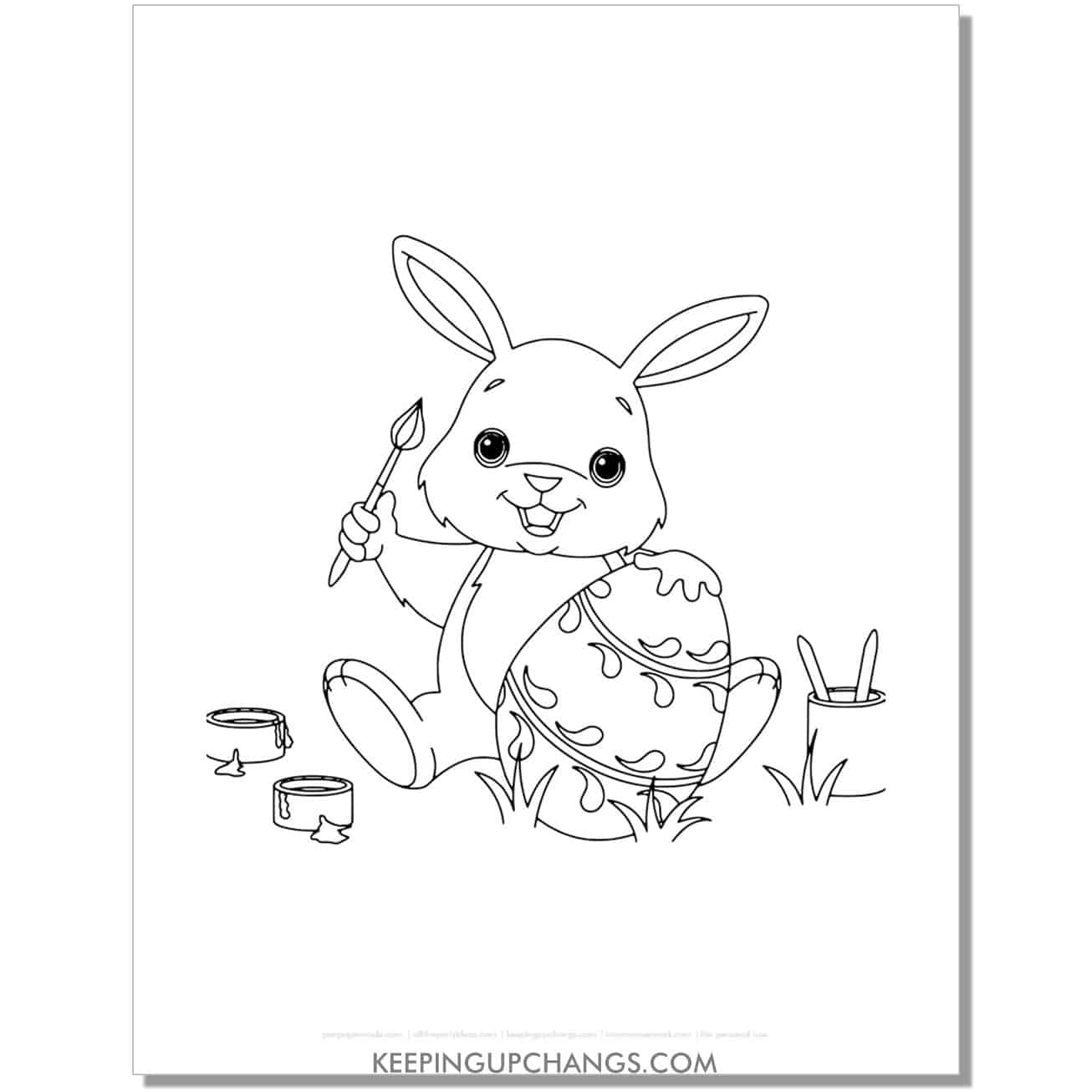 adorable easter bunny painting egg coloring page, sheet.