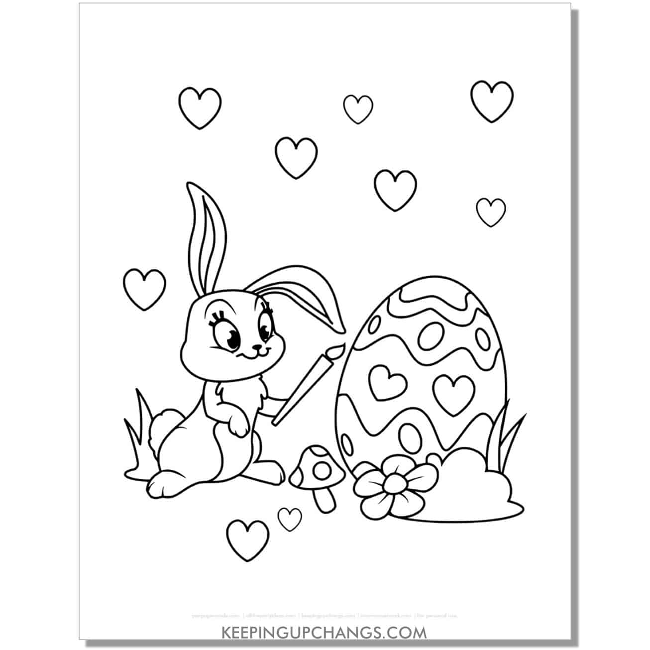 cute easter bunny with paint brush coloring page, sheet.