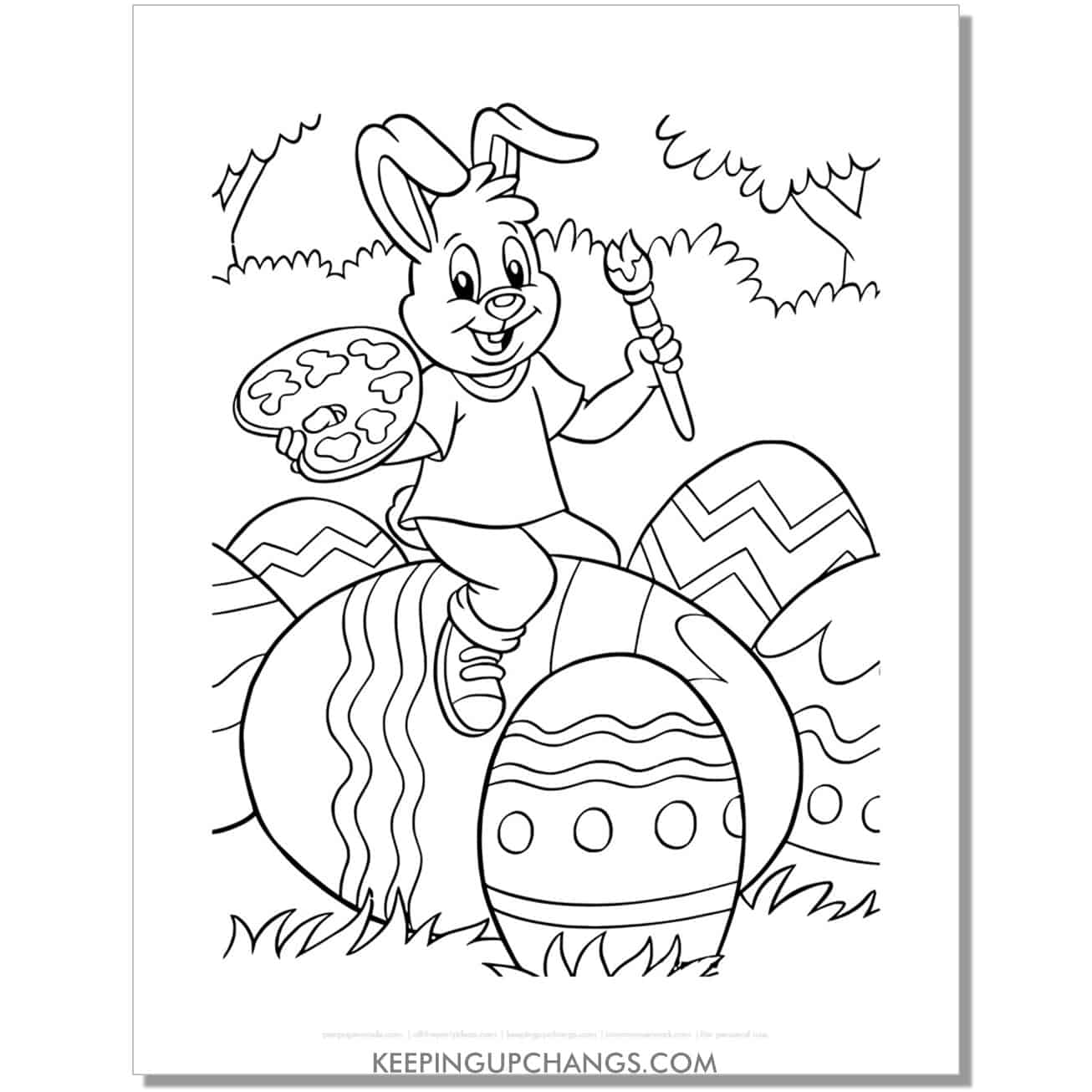 easter bunny holding paint brush sitting on egg coloring page, sheet.