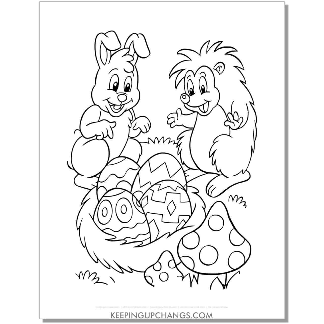 easter bunny with hedgehog coloring page, sheet.