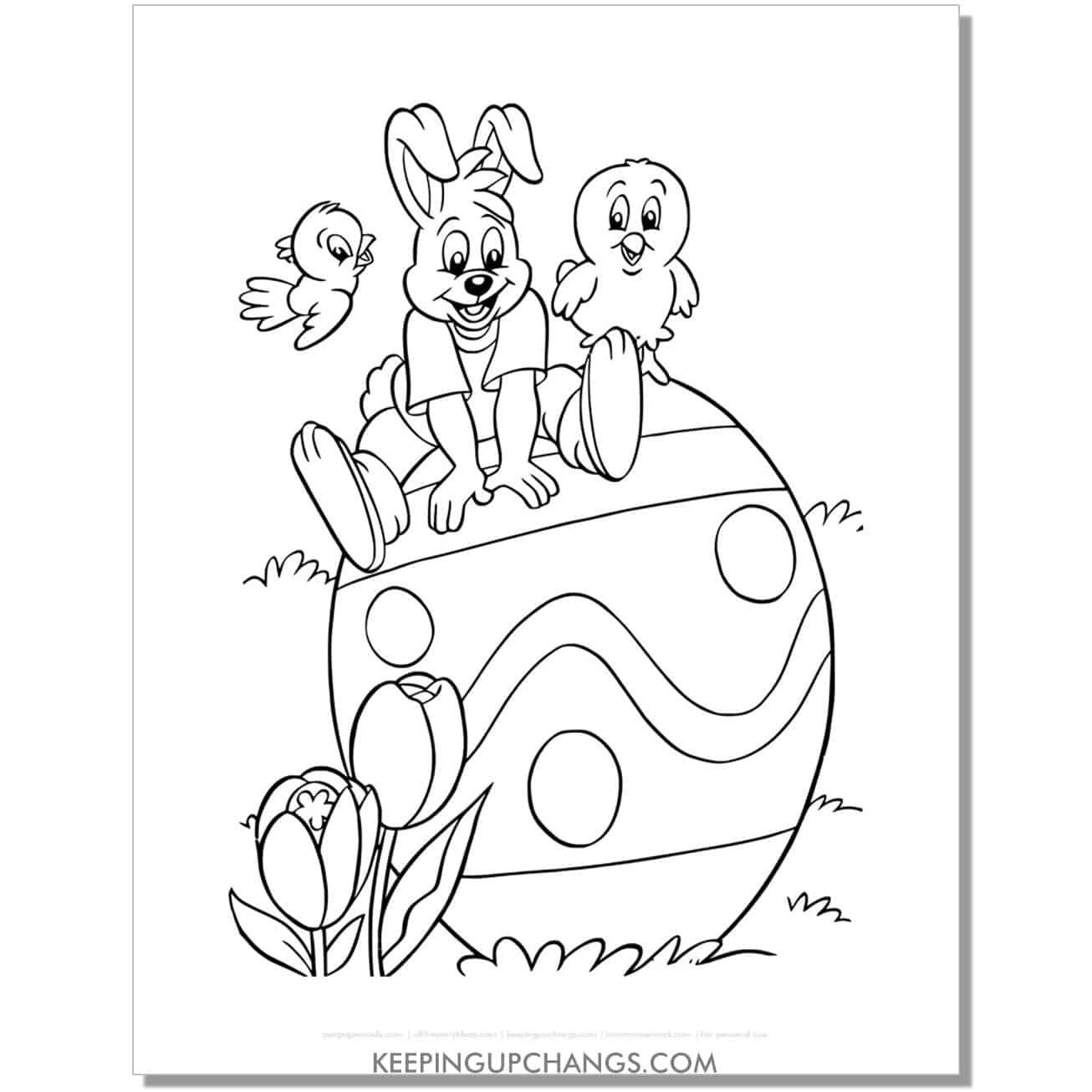 easter bunny and chick sitting on egg coloring page, sheet.